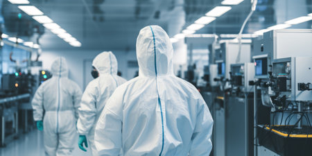 In a controlled clean room environment, scientists, masked and gloved, collaborate on biotechnological solutions with precisionの素材