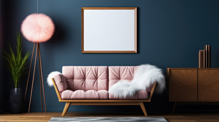 A living room with a pink couch and a framed pictureの素材