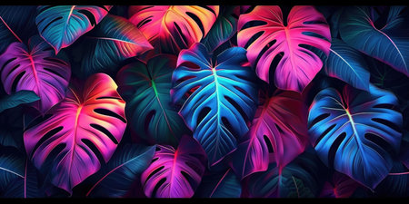 A close up of a bunch of colorful leaves, digital background in neon colors.の素材