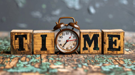 A clock sitting on top of a wooden blocks with word timeの素材