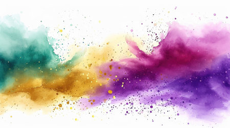 A colorful explosion of powder on a white background, Mardi Gras background with purple, green and golden colorsの素材