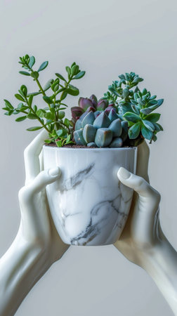 A hand holding a planter with succulents in itの素材