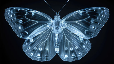 A close up of a butterfly on a black background, monochromatic x-ray image on dark backgroundの素材