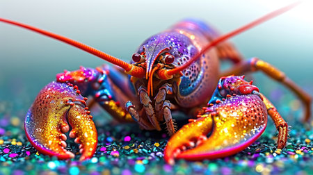 A close up of a colorful lobster on a blue surface, Mardi Gras crawfish.の素材