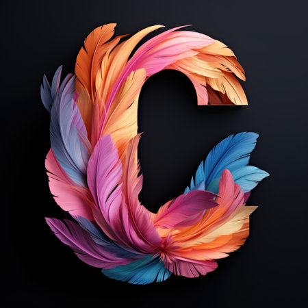 The letter c is made up of colored feathersの素材