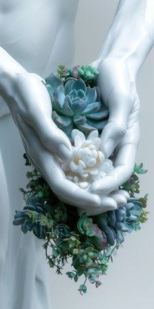A white mannequin holding a bouquet of flowersの素材