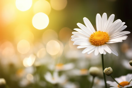 A close up of a white daisy flower with a yellow center, copy-space, place for textの素材
