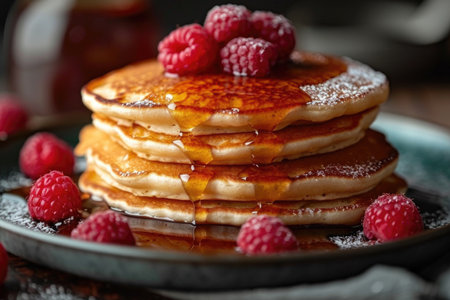 A stack of pancakes with syrup and raspberries, tasty sweet dessert.の素材