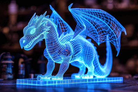 A glowing blue dragon figurine sitting on top of a tableの素材