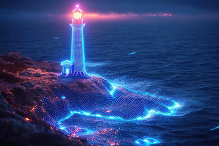 A light house sitting on top of a rock in the middle of the ocean Artificial glowing object, software visualization.の素材