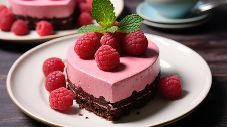 A piece of chocolate cake with raspberries on top, Valentines day desserts.の素材