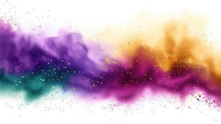 A purple and yellow colored powder is flying in the air, Mardi Gras background with purple, green and golden colorsの素材