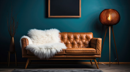 A brown leather couch with a white fur on itの素材