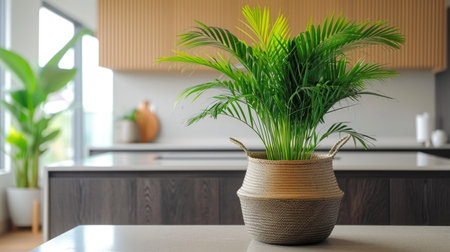 A potted plant sitting on top of a kitchen counter, palm plant in rattan basket.の素材