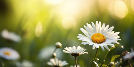 A close up of a flower in a field, copy-space, place for text, spring daisy flowersの素材