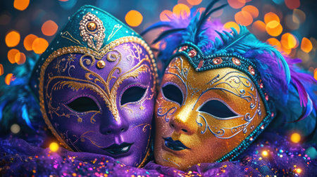 A couple of masks sitting next to each other, Mardi Gras masks on background with glitter.の素材