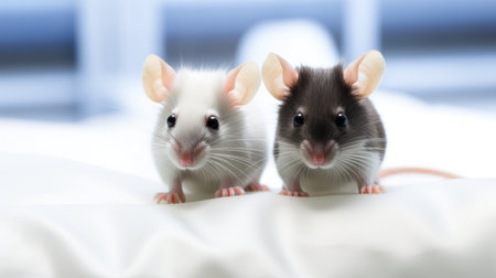 A couple of mice sitting on top of a bedの素材