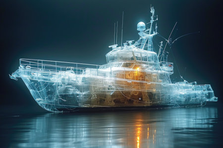 A large boat is floating in the water, monochromatic x-ray image on dark backgroundの素材