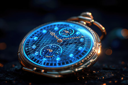 A close up of a watch on a table Artificial glowing object, software visualization.の素材