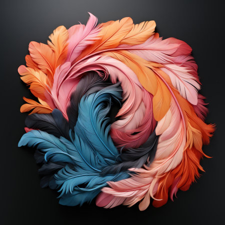 A circular arrangement of colored feathers on a black surfaceの素材