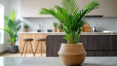A potted plant sitting on top of a wooden table, palm plant in rattan basket.の素材