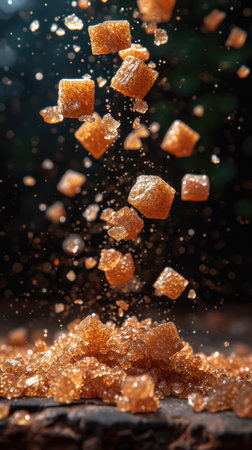 A pile of sugar cubes falling into the air, brown lumps of sugar fall on black background.の素材