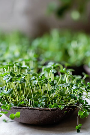 A close up of a bowl of sprouts on a table, healthy home grown microgreens.の素材