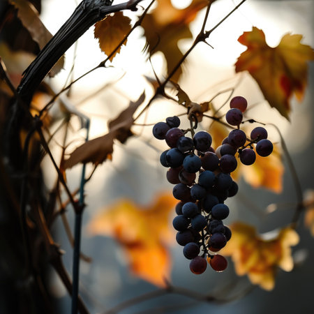 A bunch of grapes hanging from a vineの素材