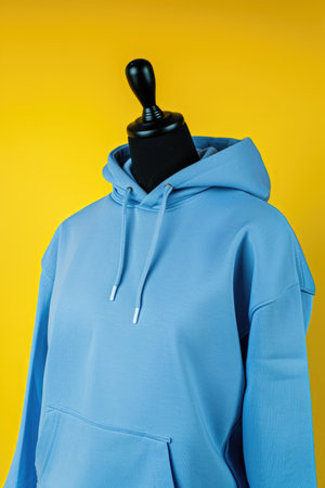 A blue hoodie on a mannequin on a yellow backgroundの素材
