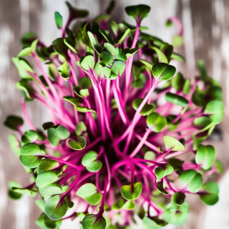 A close up of a plant with green and pink sprouts, healthy home grown microgreens.の素材