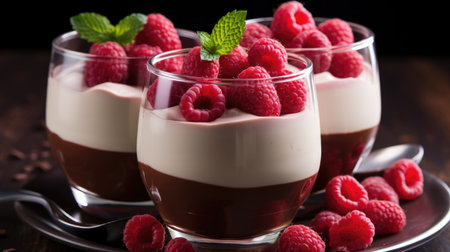 Three glasses of dessert with raspberries on a plate, Valentines day desserts.の素材
