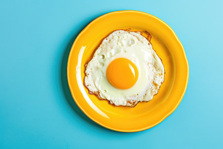 A fried egg on a yellow plate on a blue surfaceの素材