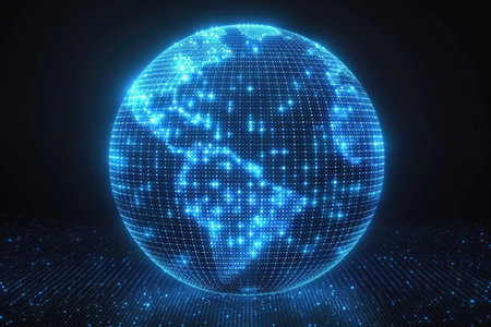 A glowing blue globe with a black backgroundの素材