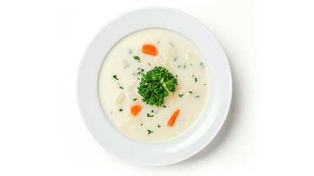 A bowl of soup with carrots and parsleyの素材