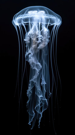 A jellyfish floating in the water with a black background, monochromatic x-ray image on dark backgroundの素材