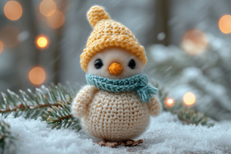 A knitted snowman sitting on top of a snow covered ground, handcrafted knitted miniature toy.の素材