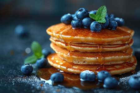 A stack of pancakes with syrup and blueberries, tasty sweet dessert.の素材