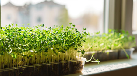 A window sill filled with lots of green sproutsの素材