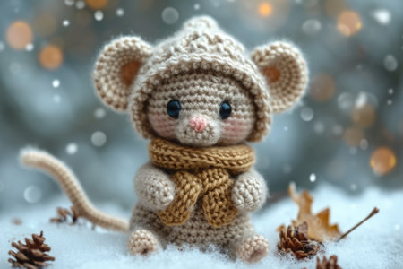A crocheted mouse wearing a knitted hat and scarf, handcrafted knitted miniature toy.の素材