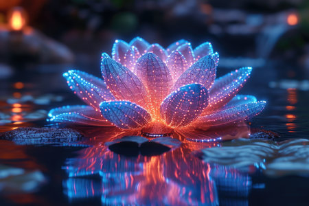 A lighted flower floating on top of a body of water Artificial glowing object, software visualization.の素材