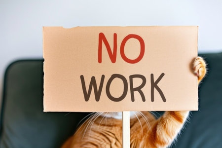 A cat holding a sign that says no workの素材