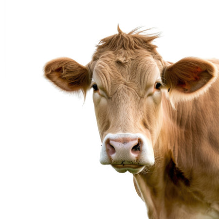 A close up of a cows face with a white backgroundの素材