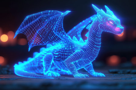 A glowing blue dragon sitting on top of a tableの素材