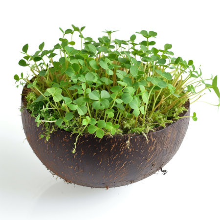 A close up of a bunch of sprouts in coconut shell isolated on white backgroundの素材