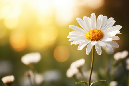 A close up of a daisy flower in a field, copy-space, place for textの素材
