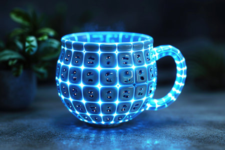 A glowing coffee cup sitting on a table next to a potted plantの素材
