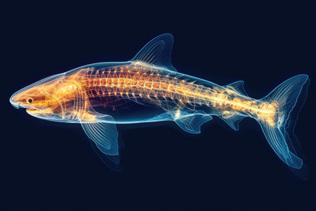 A fish that is glowing in the dark, monochromatic x-ray image on dark backgroundの素材