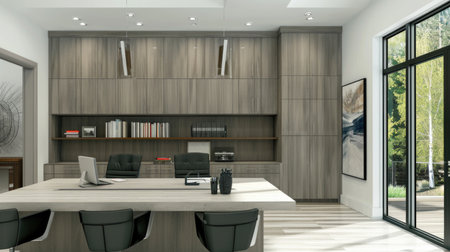 A modern home office with a desk and chairsの素材