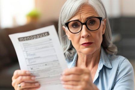 A woman with glasses holding up a paper, paper in hand out of focus with word menopauseの素材