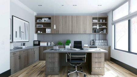 A desk with a chair in a roomの素材